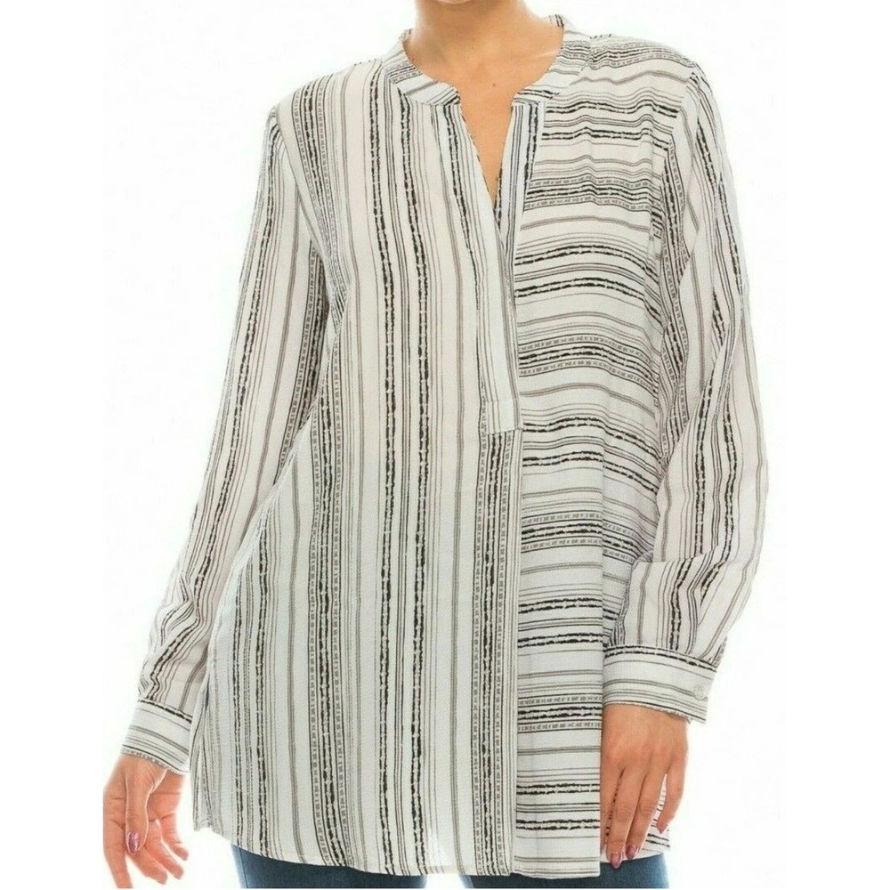 Zac & Rachel Striped Tunic Long Sleeves XL White Black Split Neck Boho Office